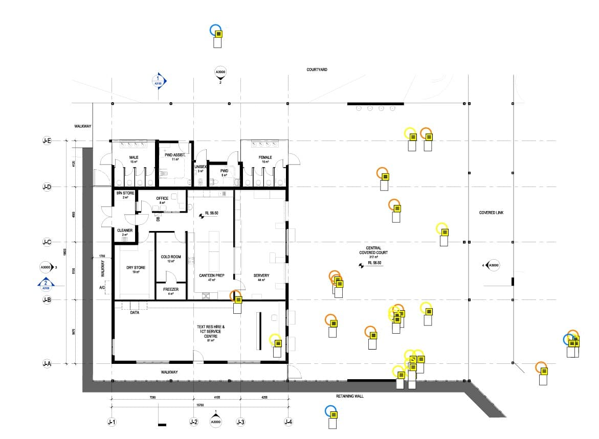 Architectural floor plan with AI annotations showing door width violations