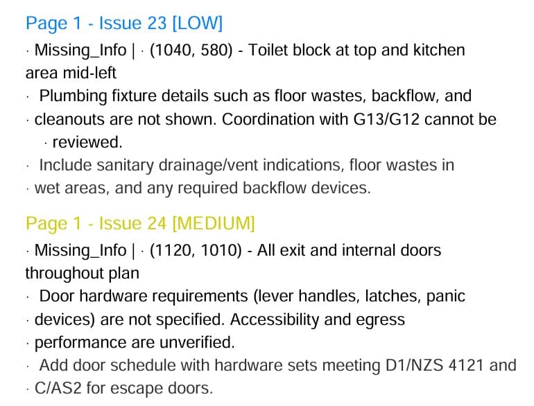 Report page showing IBC and ADA code section references